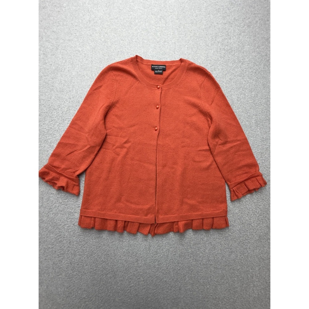 Sutton Cashmere Cardigan Womens Medium Orange Cashmere Ruffle Hem 3/4 Sleeve
